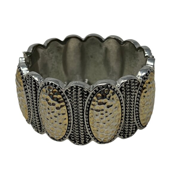 Silver Gold Tone Clamper Hammered Stations Bangle Bracelet‎ - Picture 1 of 8